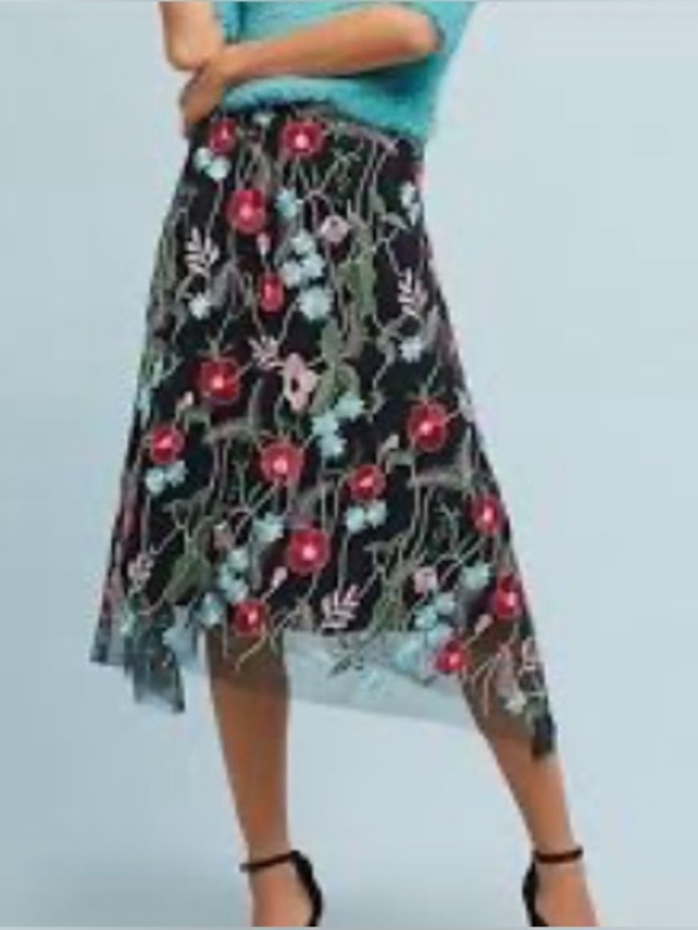 Anthropologie Eva Franco Floral Embroidered Black A-Line Midi Skirt